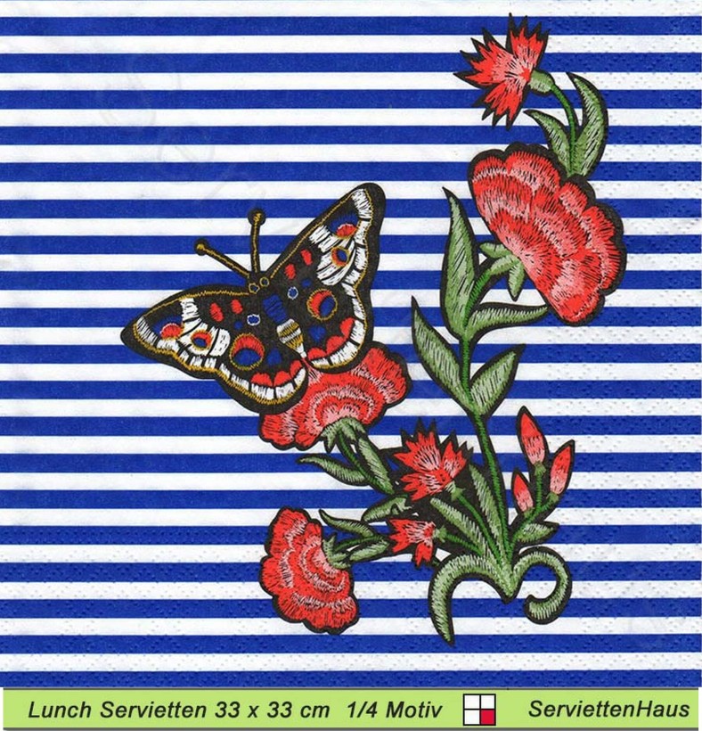 Gestickter Schmetterling mit Blumen auf Streifen - 1 Lunch Serviette